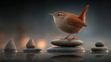 Carolina Wren perched on stones in a serene water setting.