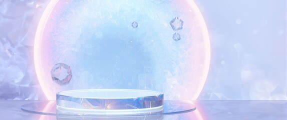 Product presentation background with minimal abstract design, holographic iridescent circle, and product podium including clipping paths