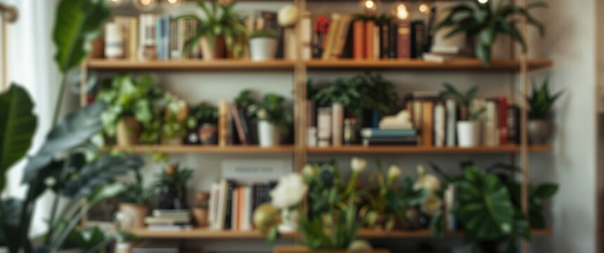 A softly blurred backdrop of a well-organized bookshelf with books and green plants, evoking a warm and welcoming environment for any home or office