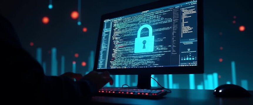 In a cinematic style, a programmer types rapidly, the camera slowly pans across a glowing screen displaying cybersecurity code, while digital data flows dynamically in the background.