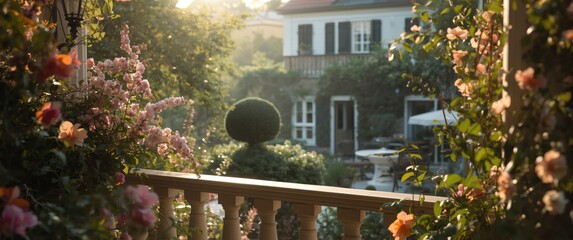Naklejka premium Balcony view of a romantic morning with a garden backdrop