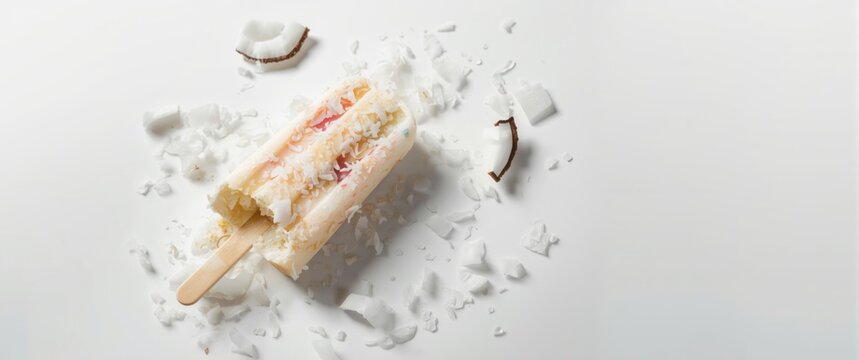Isolated White Background Featuring Coconut Popsicle with Pieces