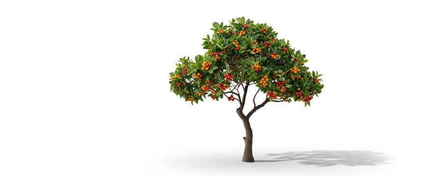 Isolated Arbutus arbutus, unedo, madrone tree and bayberry in a Chinese forest scene with white background