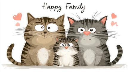 Charming Cartoon Depiction of a Happy Cat Family with Hearts.
