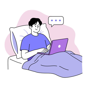 Vector Flat Illustration | Man working from bed using laptop for remote work online communication and flexible lifestyle
