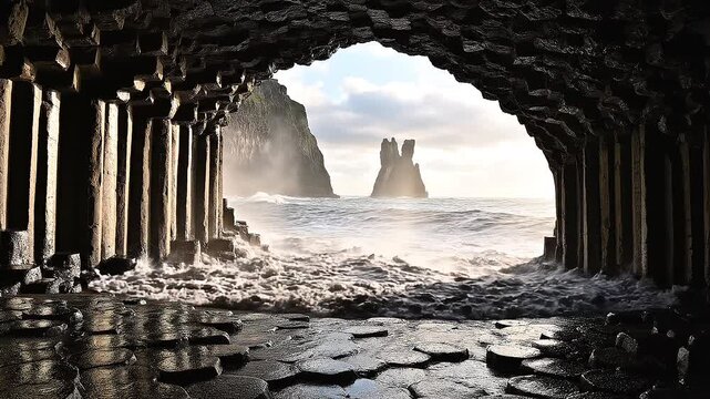 Icelandic Cave Meets Atlantic Ocean: Dramatic Waves and Basalt Columns Scenic Wonder