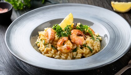 Seafood Risotto Dish With Lemon And Herbs
