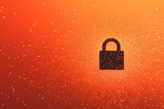vast sea of shimmering digital data points - a radiant padlock stands as a beacon of cybersecurity and protection orange background - Powered by Adobe