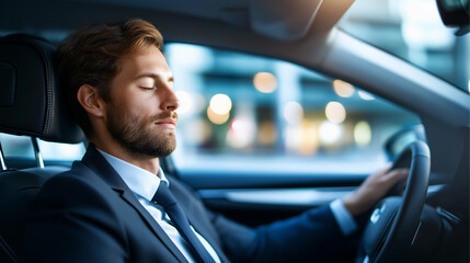 Defocused businessman resting in autopilot vehicle self driving car cruise mode head up display interface autonomous navigation system digital instrument panel smart transport