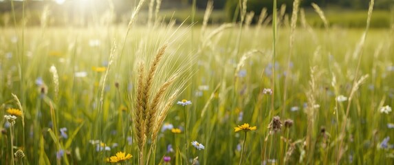 Fototapeta premium Summer meadow with ears of wheat, bright sunny day background, featuring food, green grass, floral details, farm, and plant life