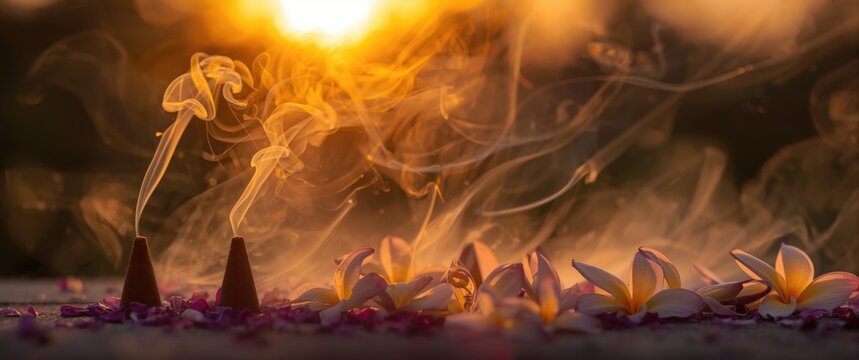 Incense cones emitting smoke alongside a plumeria flower at sunset