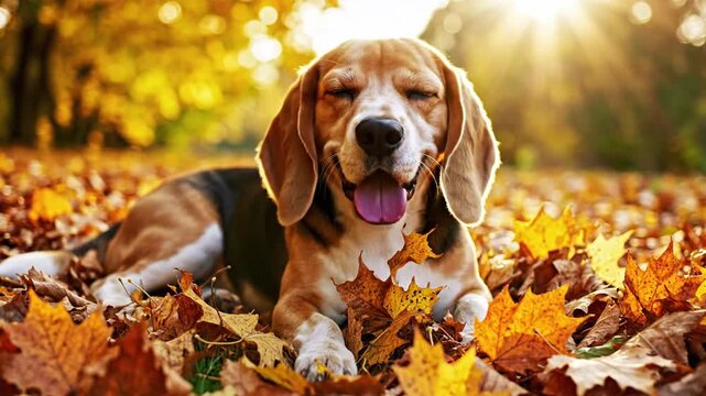 Cheerful beagle puppy resting peacefully on a carpet of crunchy golden fallen foliage during a sunny autumn afternoon, close-up portrait of a happy domestic hound dog in warm natural sunlight.