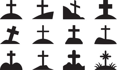 Fototapeta premium Twelve black silhouette icons of gravestones and crosses on mounds of earth on a white background tombstone