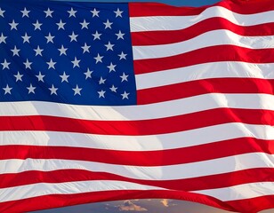 Close-up view of a billowing national banner under a partly cloudy sky. Its red and white stripes and constellation field