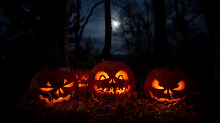 Eerie jack-o'-lanterns in a moonlit forest