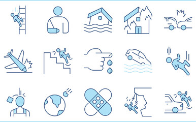 A set of flat icons related to Accidents. Injury, hit, fall, slipped, broken arm, cut, drown, and so on.
