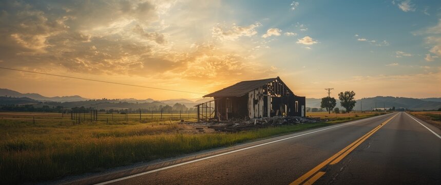 Destroyed structure by Thomas Fire on Highway 33 in Ojai, featuring sky, nature, house, landscape, building, wall, fire, smoke, trees in the background