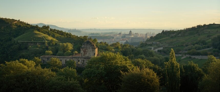Lush green hills with an ancient ruin in the woods