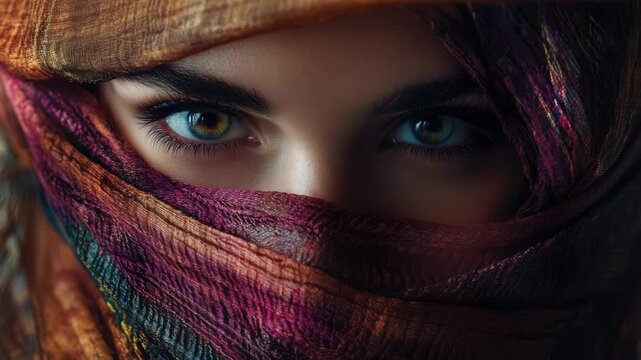 A woman in a colorful hijab with vibrant blue eyes and subtle makeup, looking directly at the camera, capturing an intimate moment.