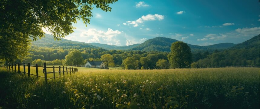 Wildflowers surround a rustic wooden fence in front of a small white house set among tall trees in the valley below the Catskill Mountains on a bright summer day