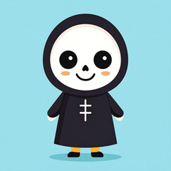 Fototapeta premium A friendly cartoon depiction of a skeleton in a hooded robe, smiling widely. It stands on a solid blue background