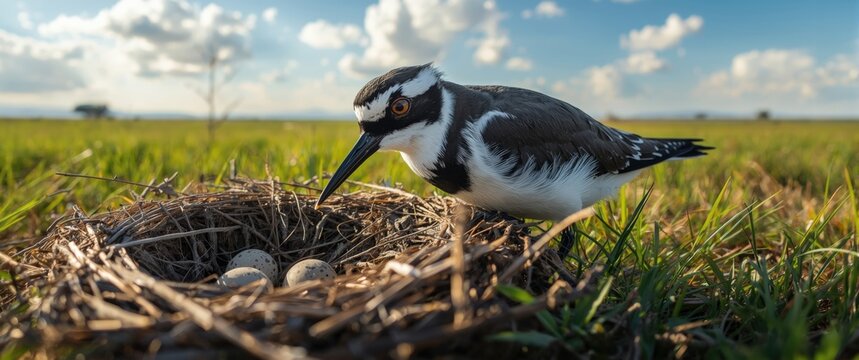 Blacksmith plover parent about to incubate eggs in its nest