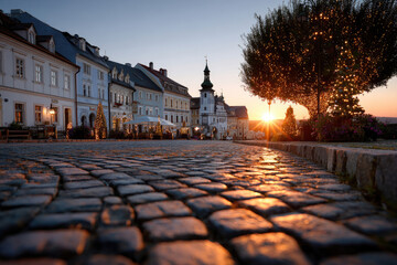 Charming European Town Square at Sunset Cobblestone Architecture and Golden Light.