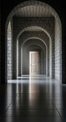 Fototapeta premium Repeating stone arches create a dramatic perspective leading toward a bright, distant wooden doorway.