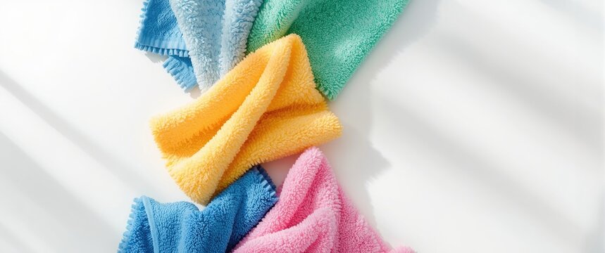 Various multicolor microfiber fabric sheets on white background