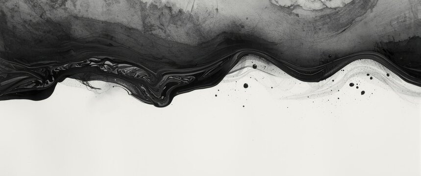 Black paint ombre leaks and splashes form textured patterns on white watercolor paper featuring natural organic shapes and design - Powered by Adobe