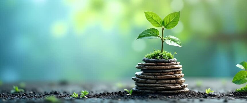 Young plant grows atop stacked stones in a serene garden setting, with gentle breeze rustling leaves as camera pans slowly, creating a cinematic focus on nature's growth and sustainability.