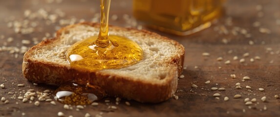 Sweet honey flowing onto buttered toast against a food-themed splash, honey, bread, healthy, natural, organic, nutrition, dessert
