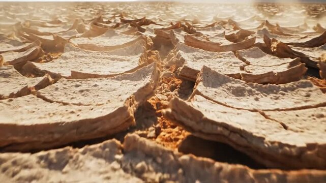 Macro view of parched arid terrain featuring intricate patterns of cracked soil with vibrant earthy tones of brown and orange highlighting extreme drought and natural desert texture.