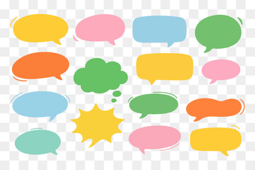 Set of colorful speech bubbles and chat shapes in flat minimal style. Message, dialog and thought bubble elements for communication design, social media, UI, web, infographics and presentations.