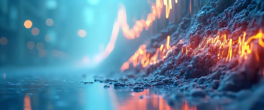 Neon lines pulse along a textured wall in a futuristic cityscape, with raindrops glistening on the ground; camera pans slowly, capturing the ambient glow in a cinematic, tech-inspired style.