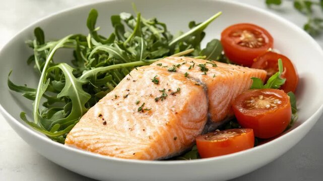 Close-up of a plate with grilled salmon fillet garnished with fresh basil and cherry tomatoes, served on white marble surface.