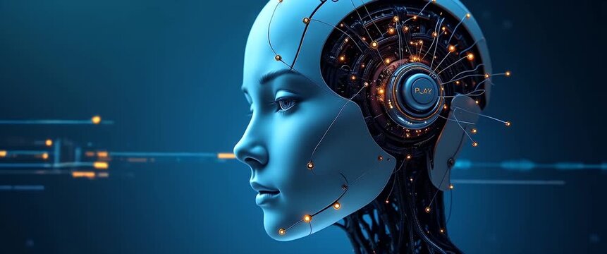 Futuristic robot head with digital circuits glows gently, as camera pans slowly, showcasing advanced AI technology in a cinematic, sci-fi style with abstract data streams and ambient light motion.