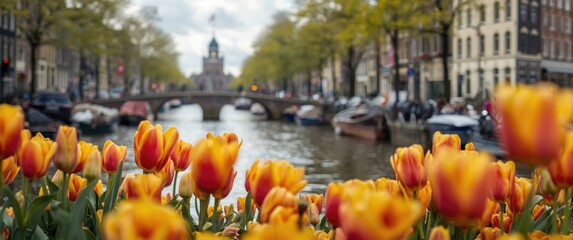 Tulip blossoms in blur highlight Amsterdam canal, cruise boats, and ancient bridge during springtime © vxnaghiyev