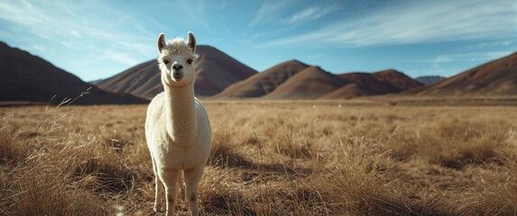 Obraz premium Llama in Purmamarca near the Hill of Seven Colors within the colorful valley of Quebrada de Humahuaca, Jujuy, Argentina landscape and wildlife