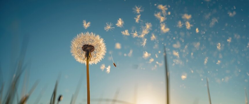 Sunlit dandelion seeds blowing away in the wind against a clear blue sky