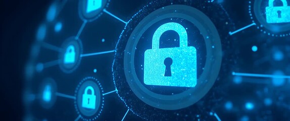 Digital security network animation with glowing lock icons gently pulsating, camera slowly panning across a futuristic, immersive, cinematic cyber landscape highlighting cybersecurity themes. - Powered by Adobe
