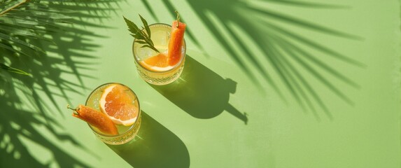 Obraz premium Flat lay of summer drinks with two glasses, grapefruit slices, and palm leaf shadow on a green background under sunlight