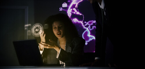 Ai and Business. Tech Startup team discussing and using artificial intelligence or digital Ai assistant.  Business innovation AI technology collaboration and ideas for future. Tech brainstorming idea