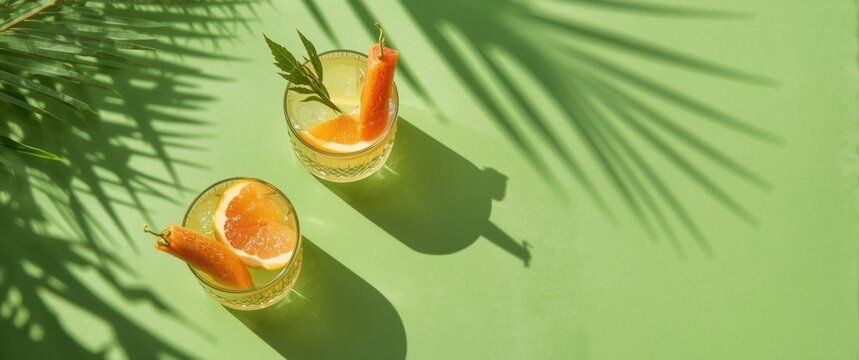 Flat lay of summer drinks with two glasses, grapefruit slices, and palm leaf shadow on a green background under sunlight