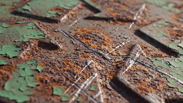 Macro view of a weathered green metallic recycling icon featuring significant corrosion oxidation and abrasive scratches on a gritty industrial surface symbolizing environmental decay.