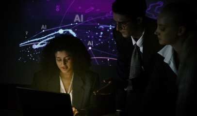 Ai and Business. Tech Startup team discussing and using artificial intelligence or digital Ai assistant.  Business innovation AI technology collaboration and ideas for future. Tech brainstorming idea