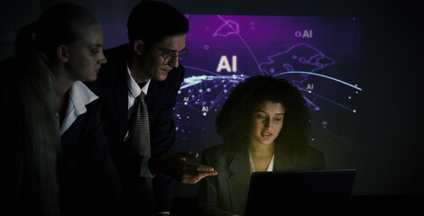 Ai and Business. Tech Startup team discussing and using artificial intelligence or digital Ai assistant.  Business innovation AI technology collaboration and ideas for future. Tech brainstorming idea