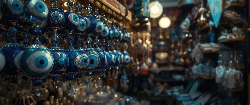 Evil eye Turkish bead charms displayed in souvenir store