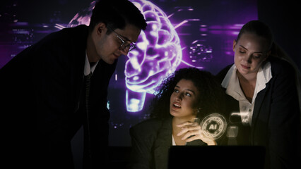 Ai and Business. Tech Startup team discussing and using artificial intelligence or digital Ai assistant.  Business innovation AI technology collaboration and ideas for future. Tech brainstorming idea