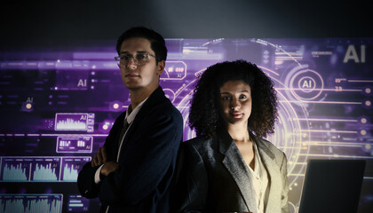 Ai and Business. Tech Startup team discussing and using artificial intelligence or digital Ai assistant.  Business innovation AI technology collaboration and ideas for future. Tech brainstorming idea